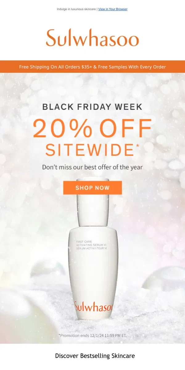 Email from Sulwhasoo. 20% Off—Black Friday Week is Here