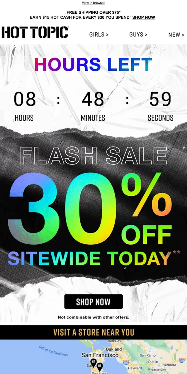 Email from Hot Topic. 30% off ends T O N I G H T ⏰⌛⏰ Hurry!