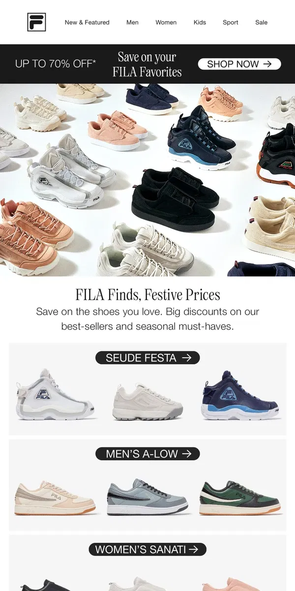 Email from FILA. FILA Finds, Festive Prices