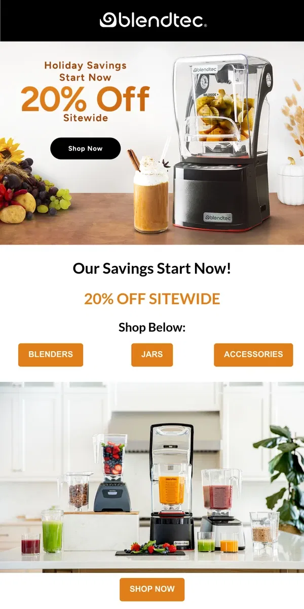 Email from Blendtec. Holiday Savings Start Today!