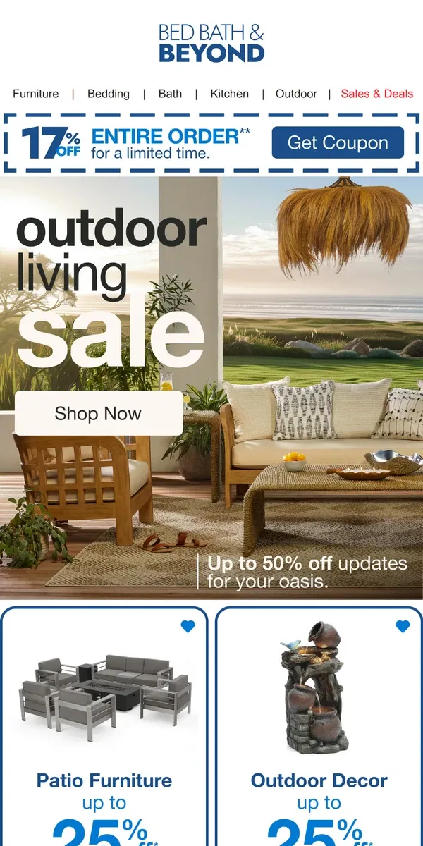 Email from Bed Bath & Beyond. Outdoor Living Event Starts NOW -- Up to 50% Off!