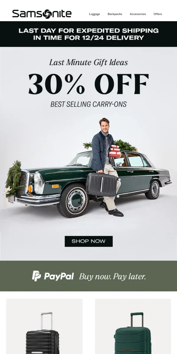 Email from Samsonite. Last Day for Expedited Shipping in Time for 12/24 Delivery