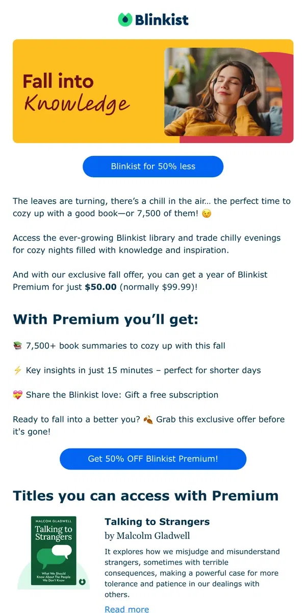 Email from Blinkist. Fall into Knowledge with 50% OFF 🍂📚