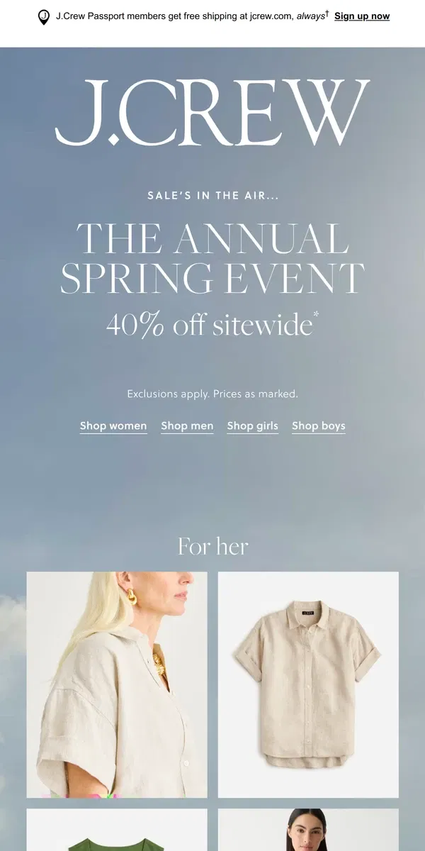 Email from J.Crew. 40% off sitewide, including linen you’ll live in