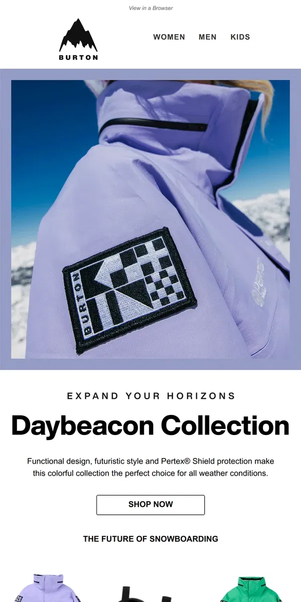 Email from Burton. Introducing the Daybeacon Collection