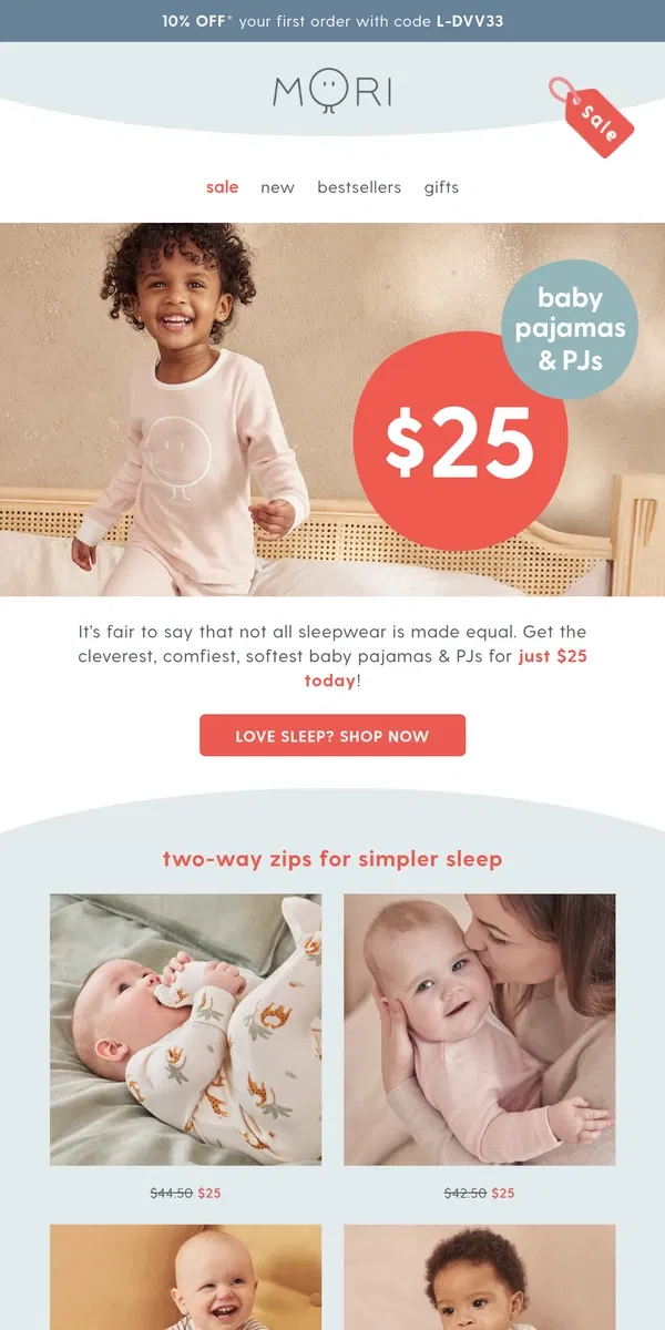 Email from MORI. Don’t sleep on this: $25 baby pajamas & PJs