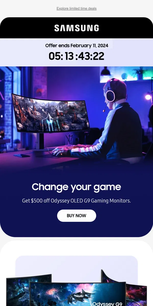 Email from Samsung. [Name], final days to save up to $500 on Odyssey Gaming Monitors