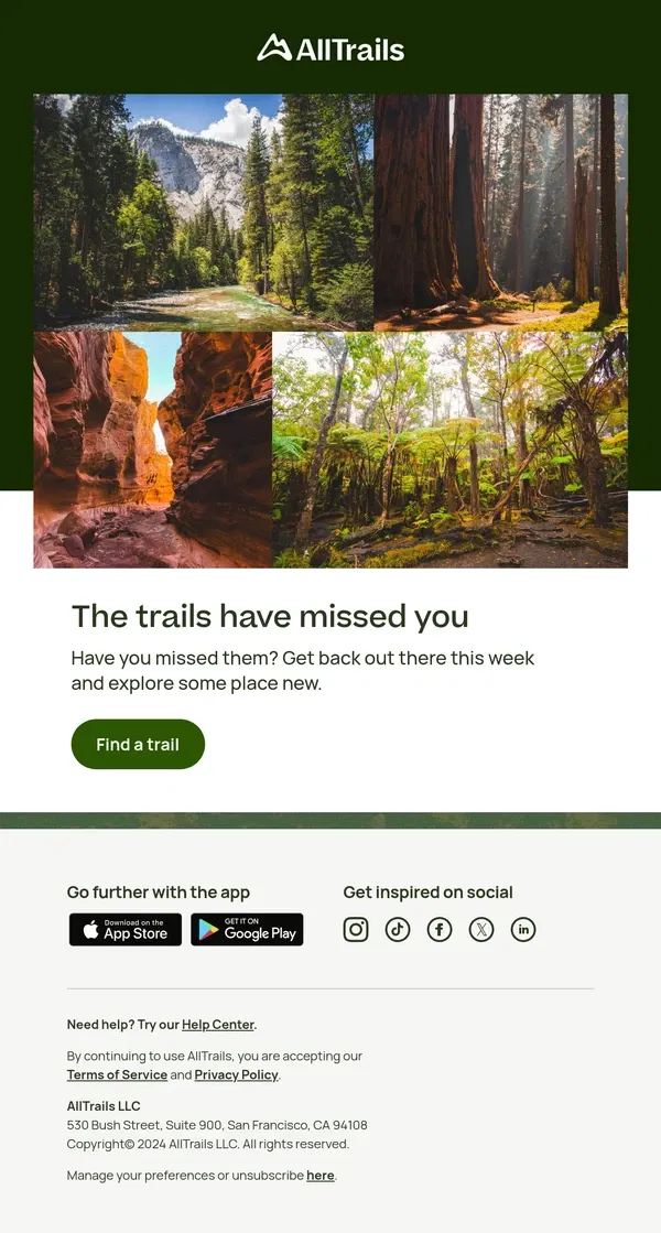 Email from AllTrails. Hey [Name], don’t be a stranger