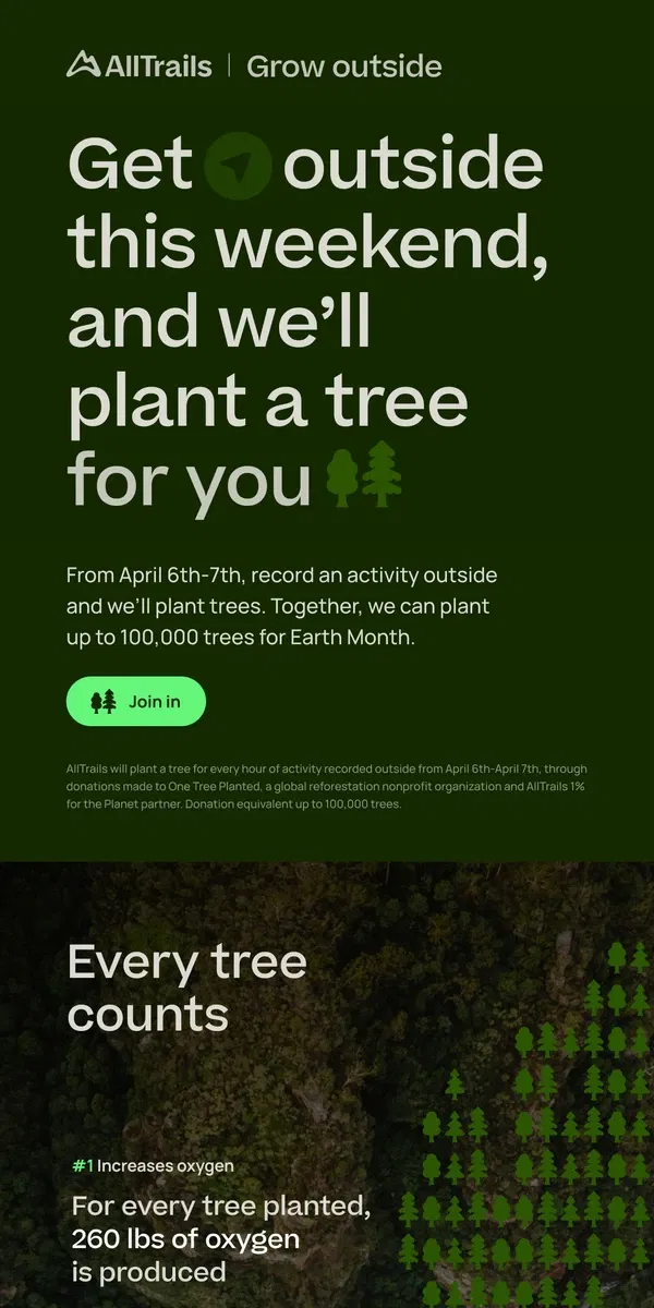 Email from AllTrails. Get outside this weekend, and we’ll plant trees 🌳