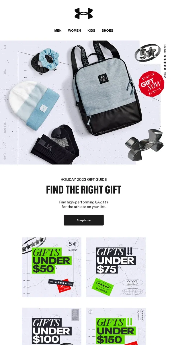 Email from Under Armour. Get UA gifts under $50