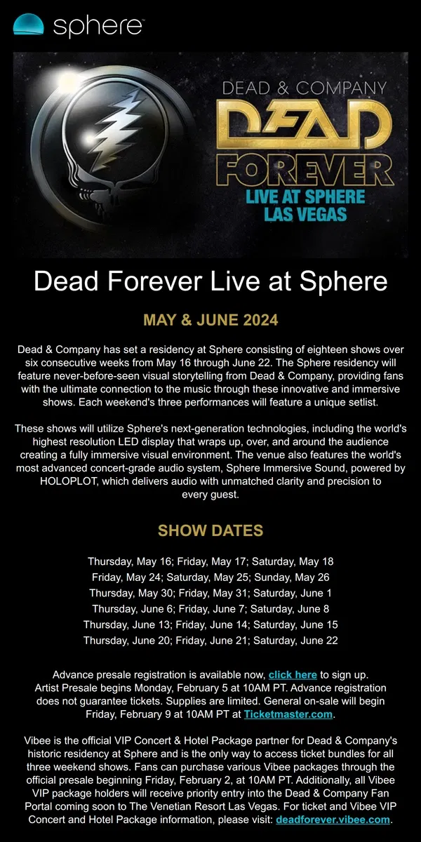 Email from Sphere. Dead & Company Announce 18-Show Residency in Summer 2024