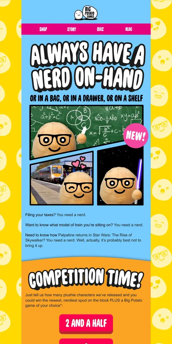 Email from Big Potato Games. Win our NEW nerdy plushie 🤓