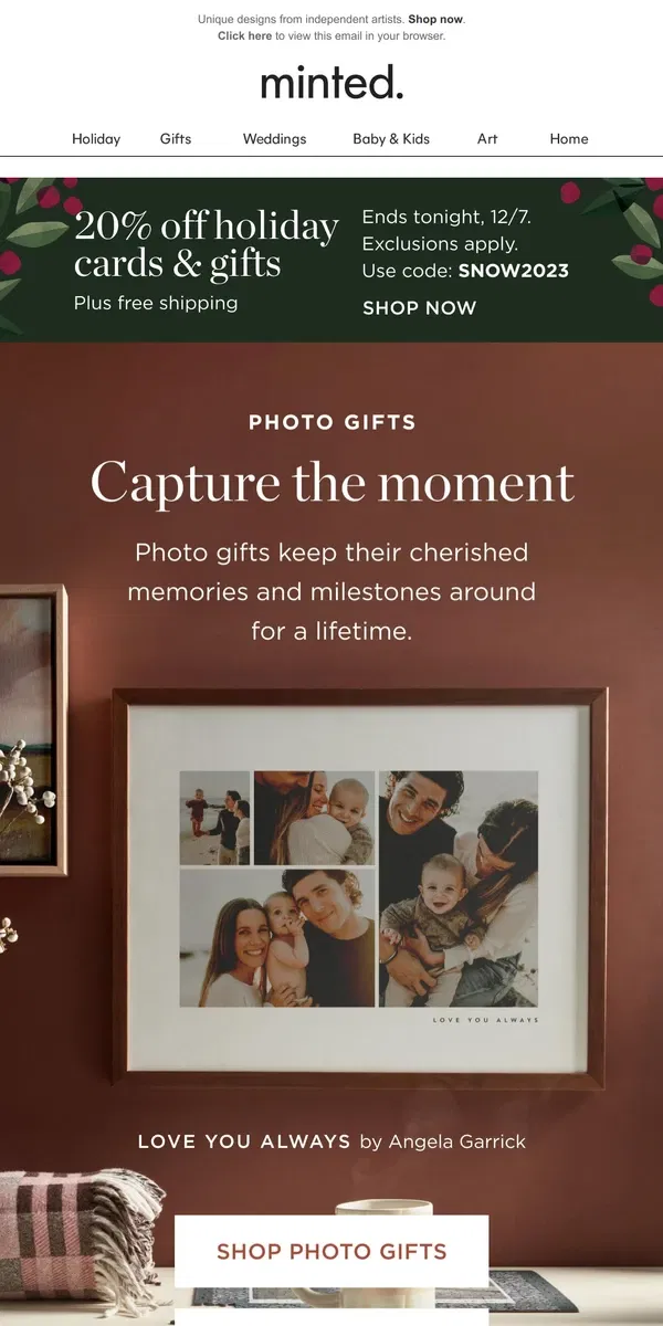 Email from Minted. Picture this: 20% off photo gifts