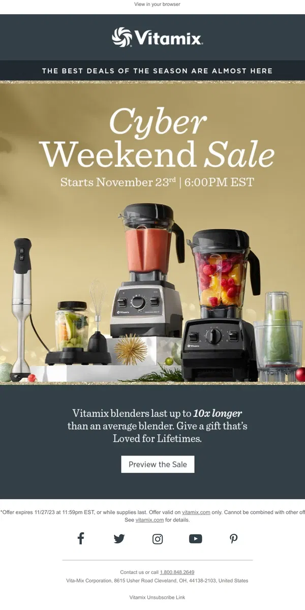 Email from Vitamix. Cyber Weekend Deals Are Almost Here