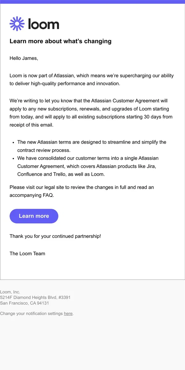 Email from Loom. We're updating our Customer Agreement