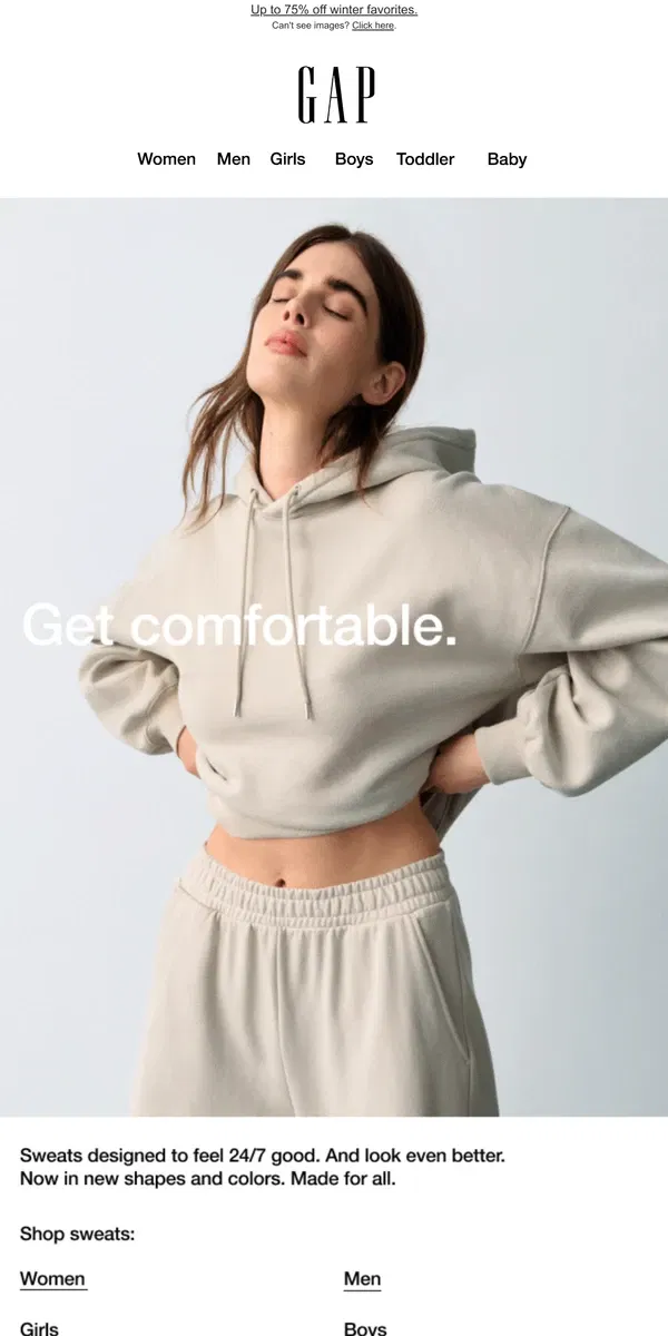 Email from GAP. Elevate your sweats.