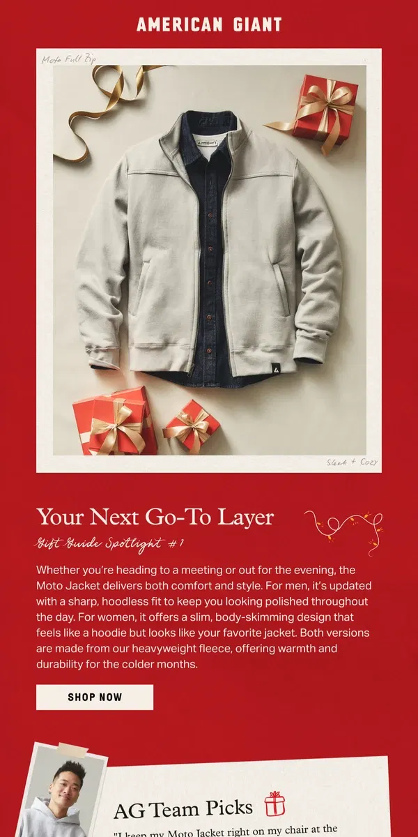 Email from American Giant. Gift Guide: Moto Jacket