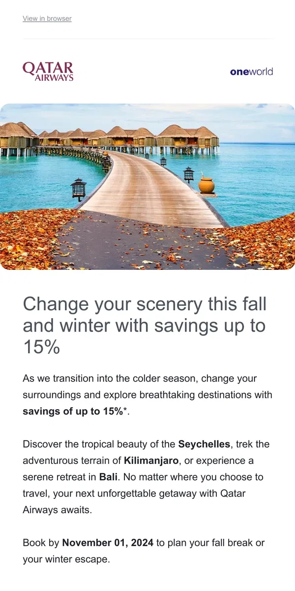 Email from Qatar Airways. Save up to 15% on fall and winter travel