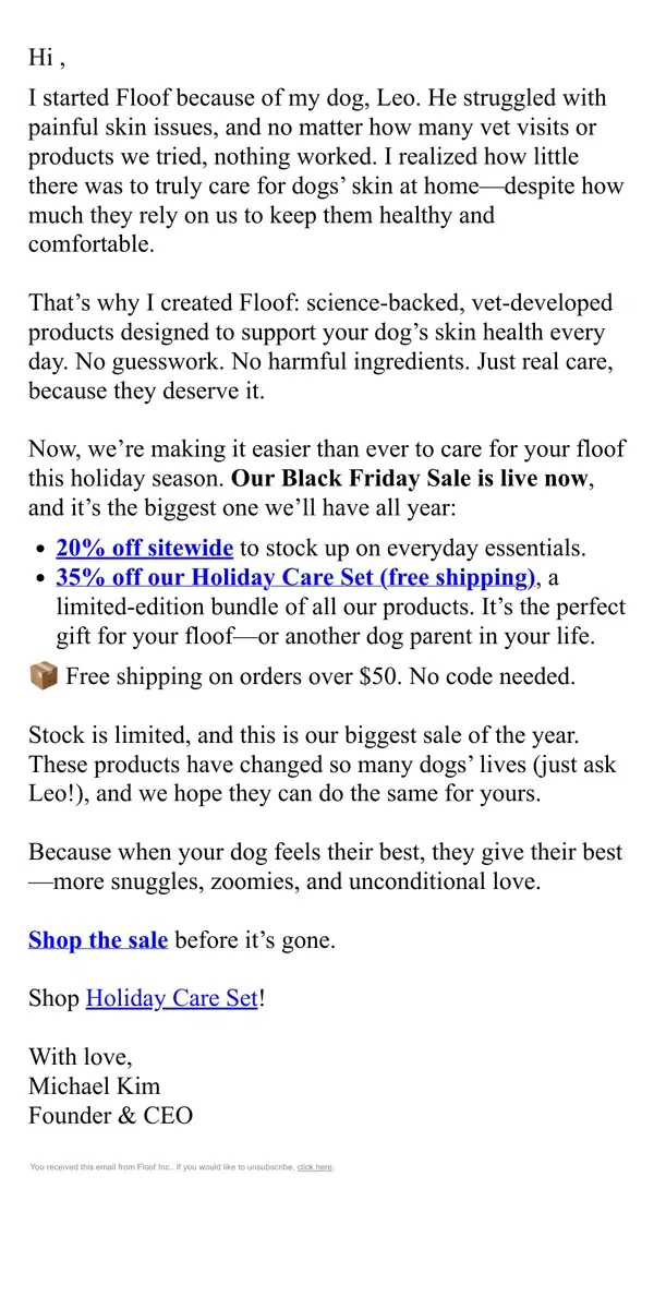 Email from Floof. A Black Friday Message from Our Founder 🐾