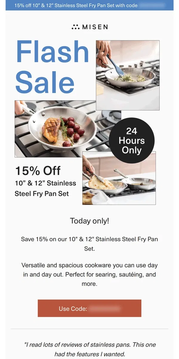 Email from Misen. Today Only! 15% Off Our Frying Pan Set