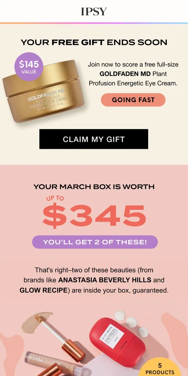 Email from BoxyCharm by IPSY. Just in: Your March box + a free gift