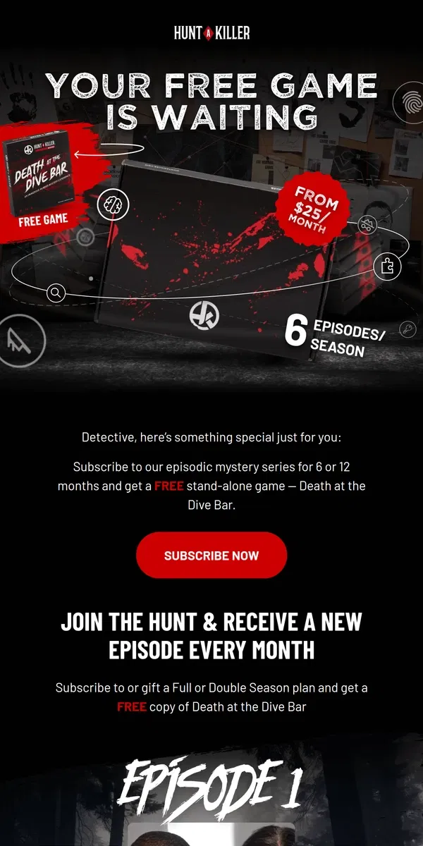 Email from Hunt A Killer. [FREE GAME] Join us, Detective