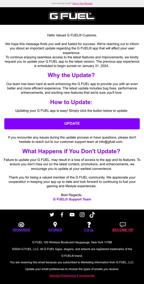 Email from G FUEL. IMPORTANT UPDATE: Action Required to Retain G FUEL® App Access