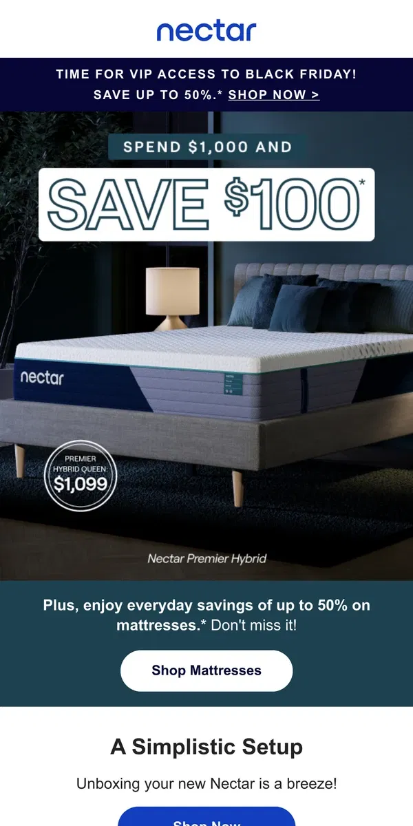 Email from Nectar. Save $100 on our Premier Hybrid. Enhanced comfort, meets support. 🛌