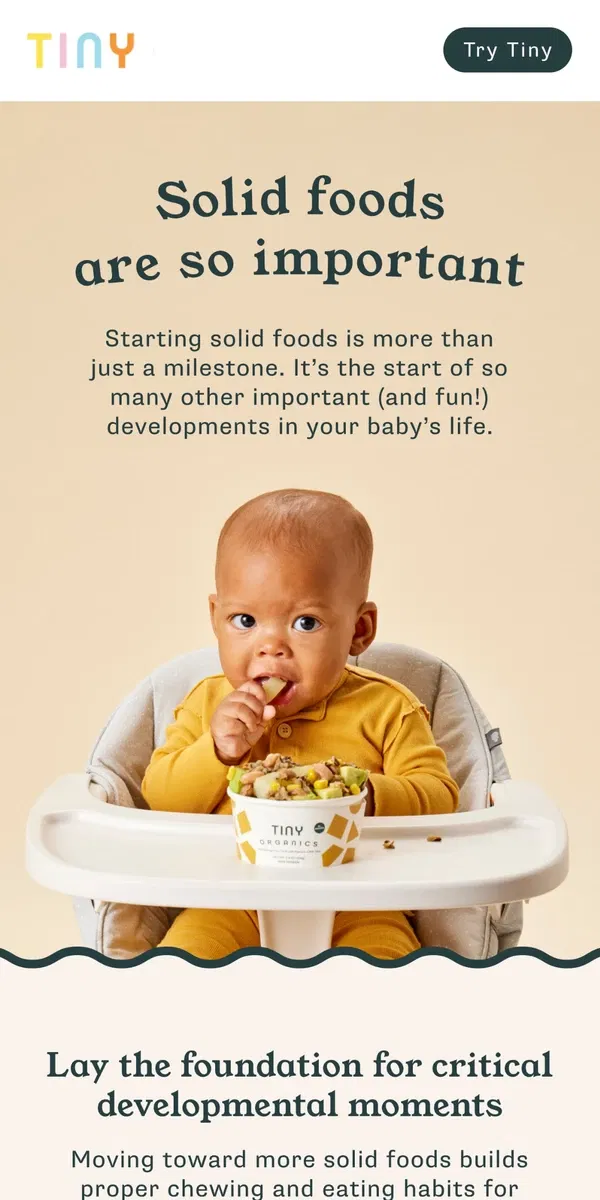 Email from Tiny Organics. 🥕 Starting solid foods is more than a milestone