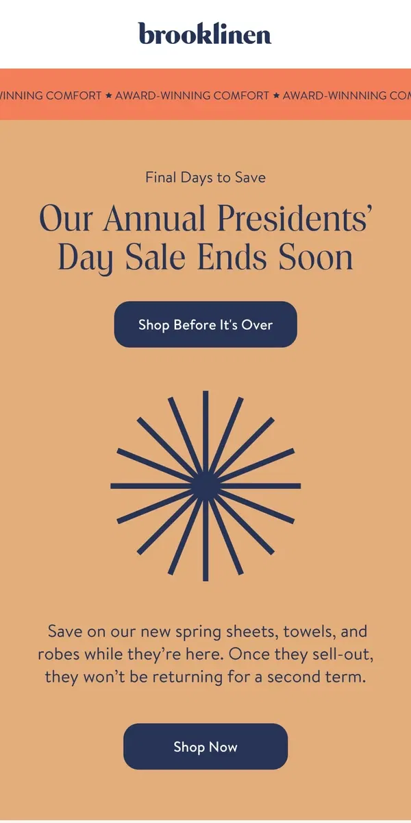 Email from Brooklinen. Ending Soon ⏰ Presidents' Day Savings! 