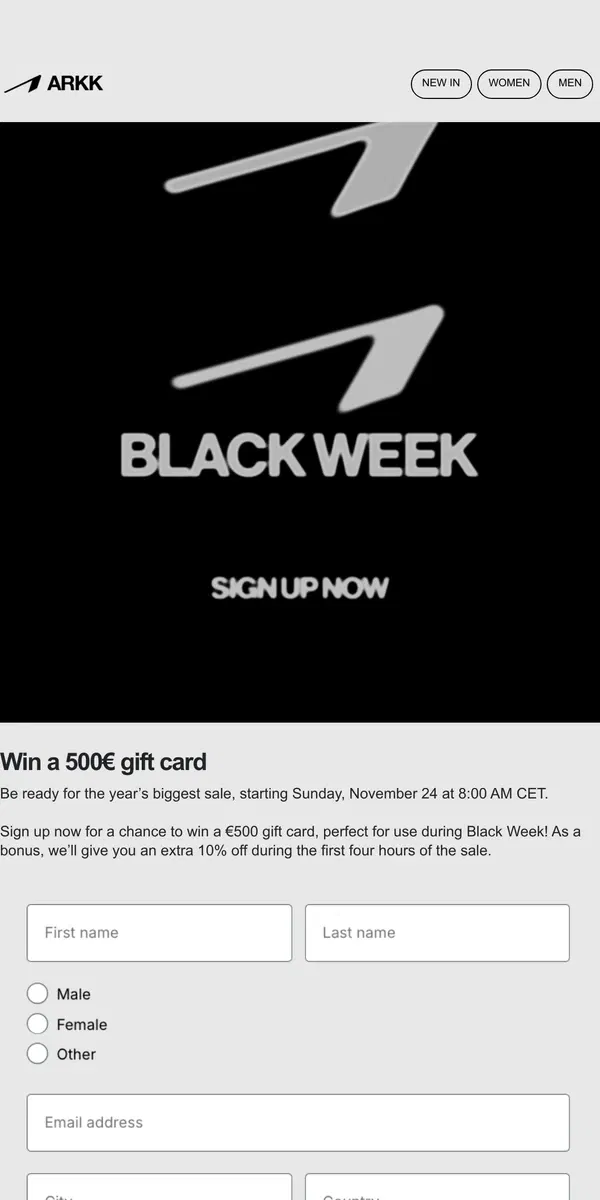 Email from ARKK Copenhagen. Black Week is coming soon - Win €500!