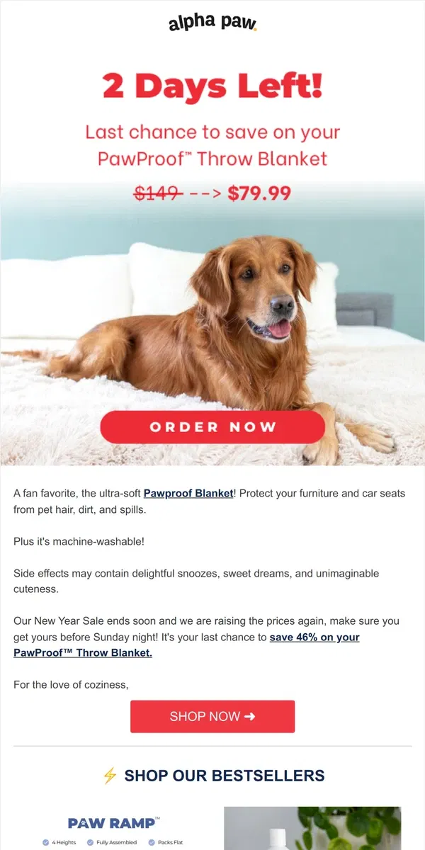 Email from Alpha Paw. ⏰ Last Chance to save on a PawProof Throw Blanket