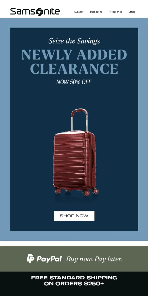 Email from Samsonite. 50% Off Newly Added Year End Clearance