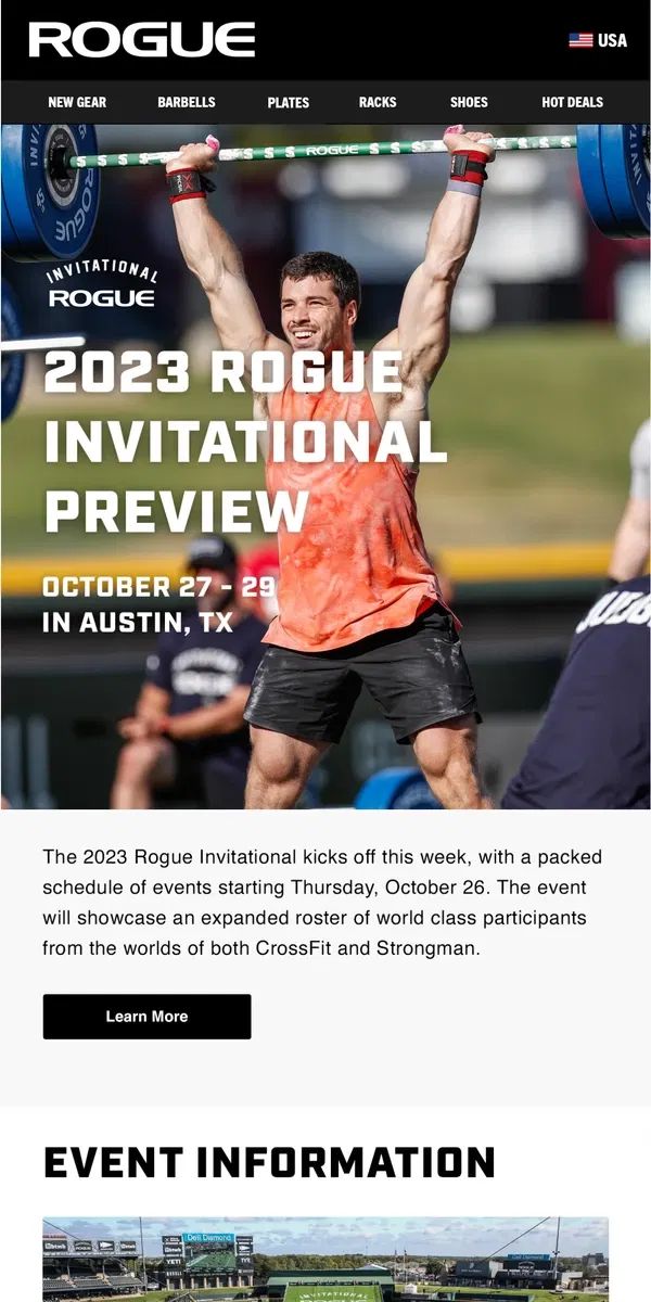 Email from Rogue Fitness. 2023 Rogue Invitational Preview