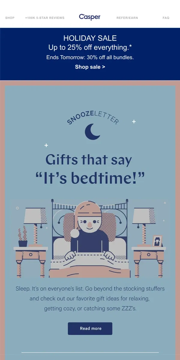 Email from Casper. How to give the gift of sleep.