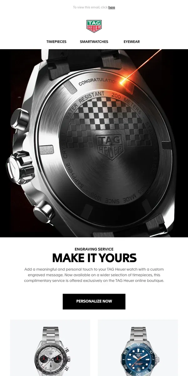 Email from TAG Heuer. Elevate your watch with a personal touch