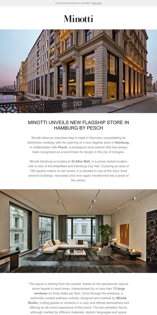 Email from MINOTTI. MINOTTI UNVEILS NEW FLAGSHIP STORE IN HAMBURG BY PESCH