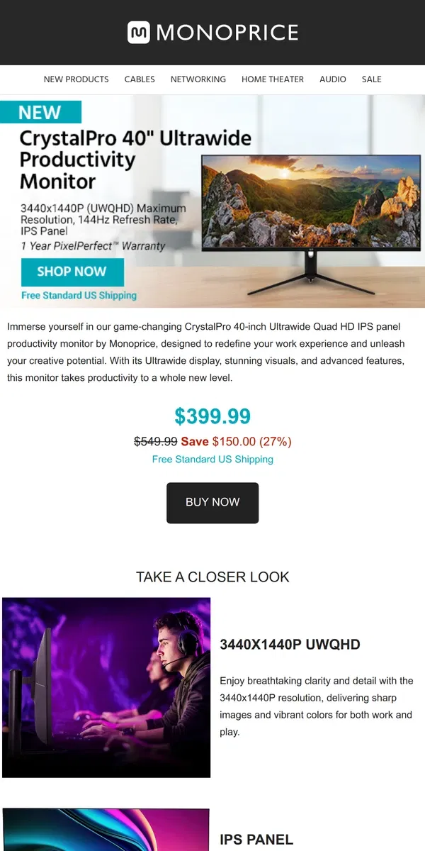 Email from Monoprice. NEW + On SALE | CrystalPro 40" Ultrawide Productivity Monitor ONLY $399.99!