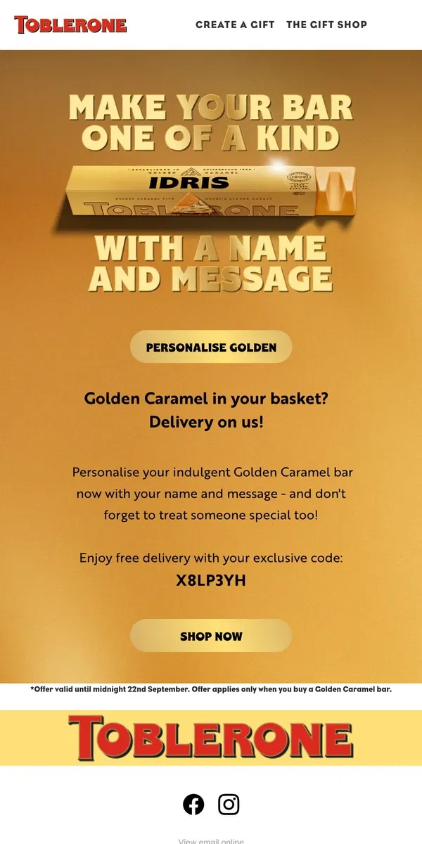 Email from Toblerone. Just for you – Free delivery with a Golden Bar 🌟