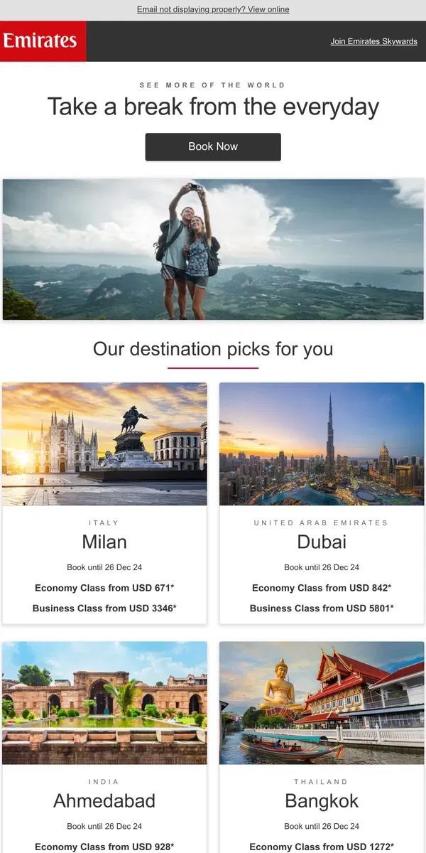 Email from Emirates. Jet set to your favorite destinations now for less