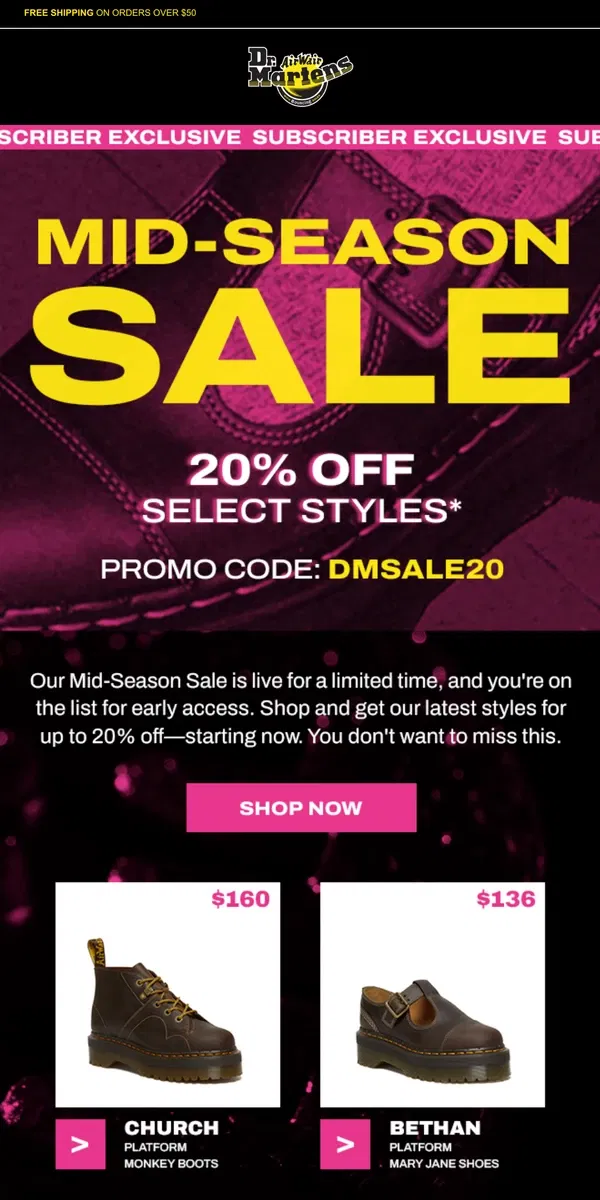 Email from Dr. Martens. Your exclusive access to 20% off is here