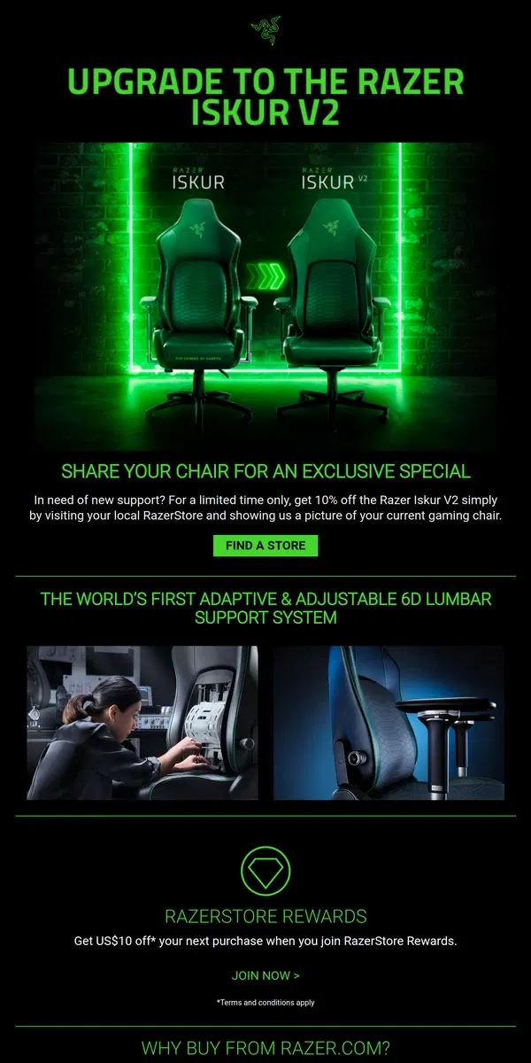 Email from Razer. Razer Iskur V2 - Level Up Your Comfort