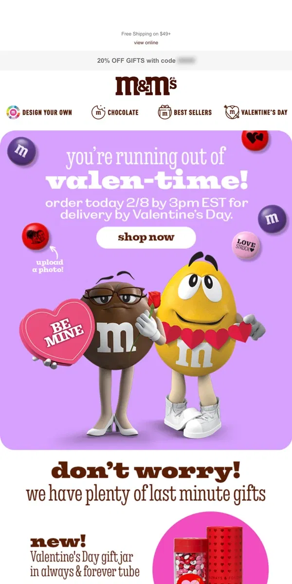 Email from M&M's. 😍 TODAY = Last Chance for Valentine's Day!