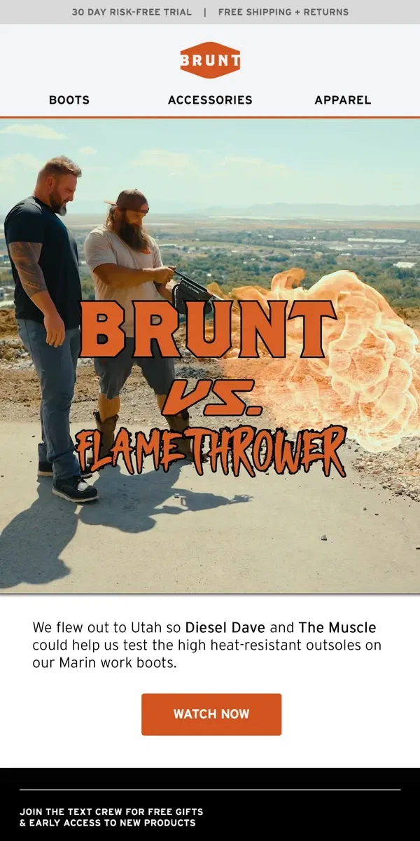 Email from BRUNT Workwear. BRUNT vs Flamethrower