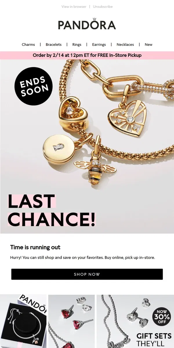 Email from Pandora Jewelry. BOGO 50% Off Ends Soon + Only 2 Days Left For In-Store Pickup!