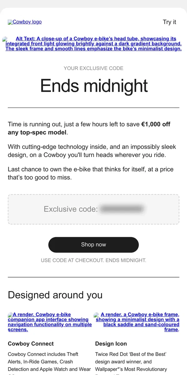 Email from Cowboy. Save €1,000, ends midnight