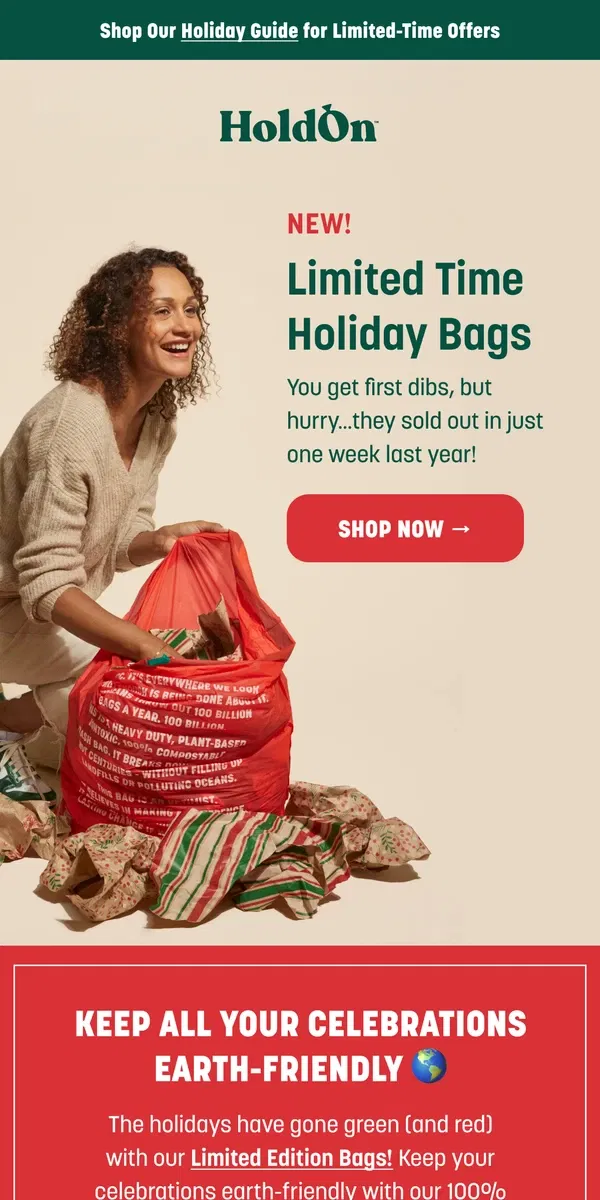 Email from HoldOn. New! Limited Time Holiday Bag