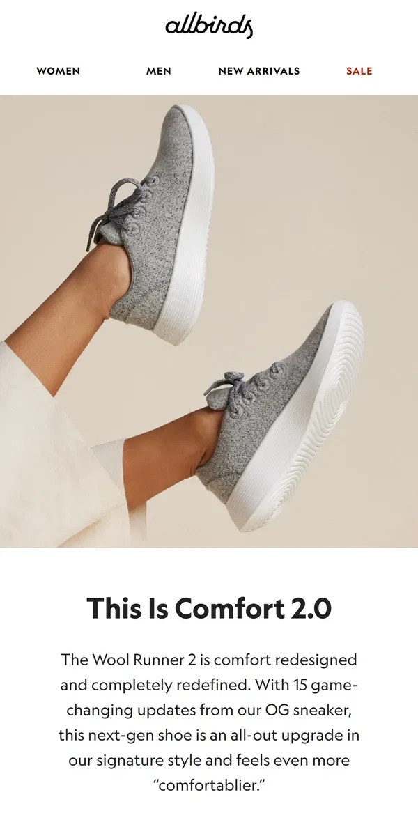 Email from Allbirds. The New Wool Runner 2 = Comfort 2.0