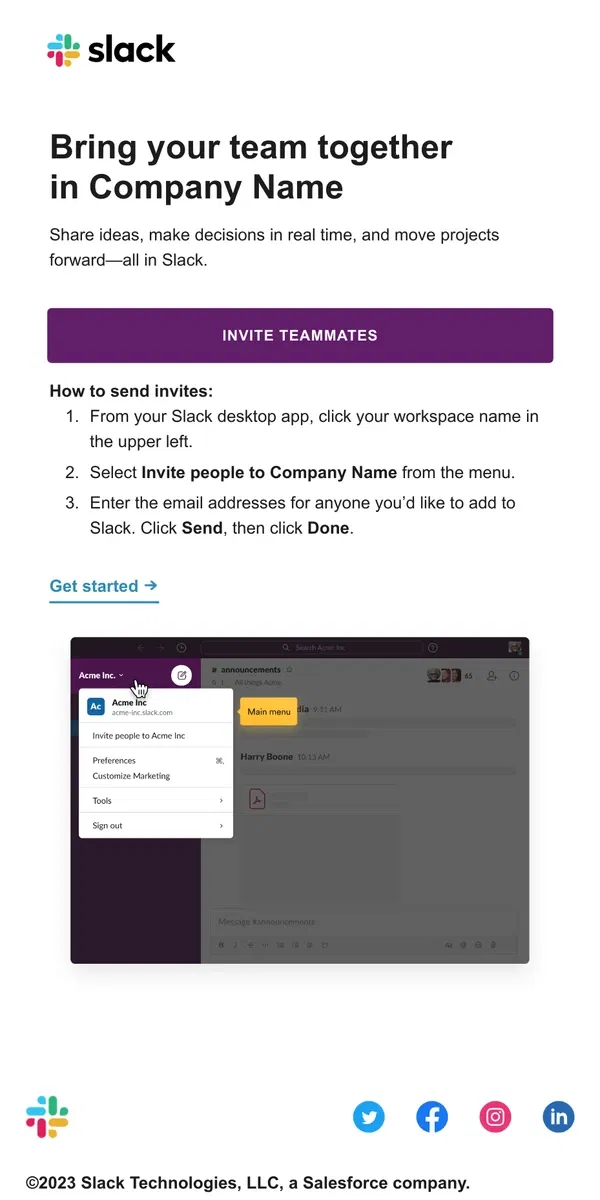 Email from Slack. James, invite your team to Slack