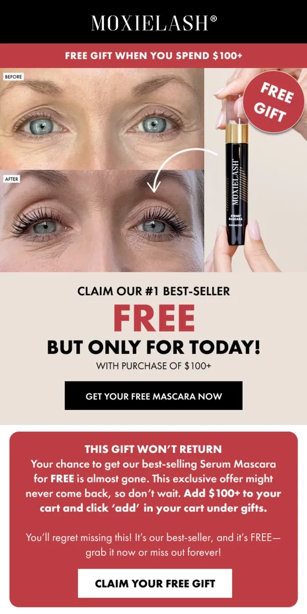 Email from MoxieLash. Get Our Best-Selling Mascara FREE – Today Only!